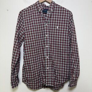 Ralph Lauren Women Button Front Top Medium Natural Stretch Plaid‎ Red Preppy